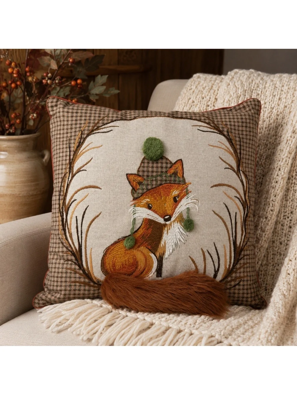 Vintage Pier 1 Fox Throw Pillow 16x16 Embroidered Woodland Pom Pom Tail
